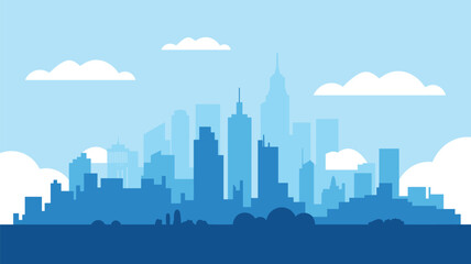 Obraz premium Modern city skyline vector illustration with skyscrapers, blue layered buildings, urban landscape, clouds and trees, architecture design for creative projects