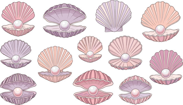 Pastel pearl scallop shell collection. Elegant open sea shells with shiny pearls set. Soft vintage marine illustration isolated on transparent background.