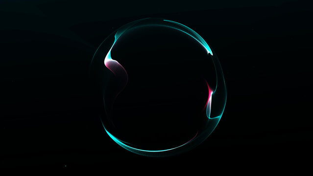 Glowing digital energy sphere with green and red plasma light on dark background. Futuristic abstract orb with luminous gradient and smooth surface, modern technology energy concept.
