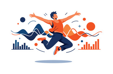 Obraz premium Rhythm in motion. Dancer jumping with arms wide, abstract sound waves and dots showing music