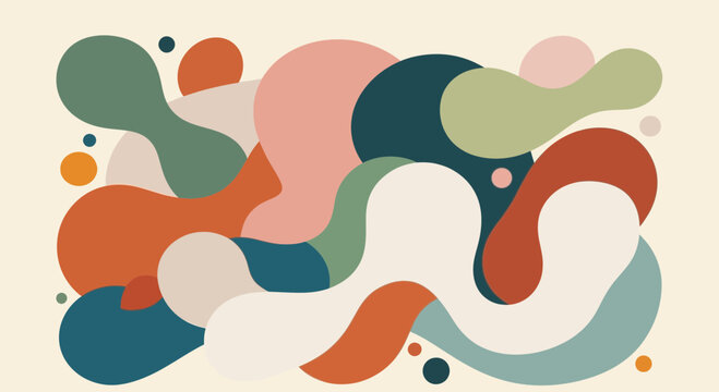 Abstract Organic Shapes Composition with Retro Color Palette, Fluid Blobs and Bubbles Illustration