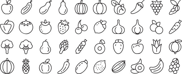 fruit icon grid vegetable line drawings for packaging and labels