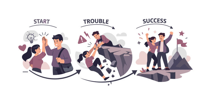 Narrative Arc Illustration. Visual plot development. Beginning, tension, and outcome shown in one connected