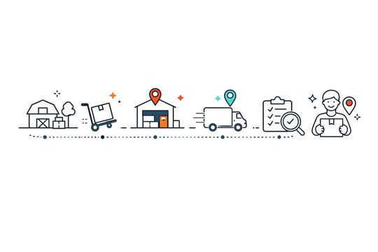 Product traceability minimal icons. Simple icons showing product journey from origin to customer, with boxes, location pins, and connecting lines. The scene