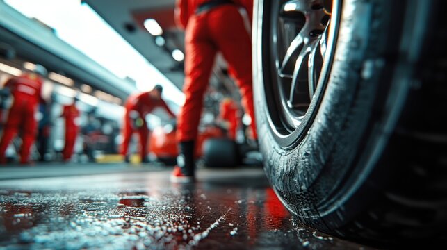 Pit stop with a Formula One car tire person race.