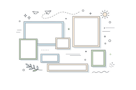Creative collage background. Empty frames of different sizes arranged dynamically with subtle decorative accents. Freedom, inspiration, and