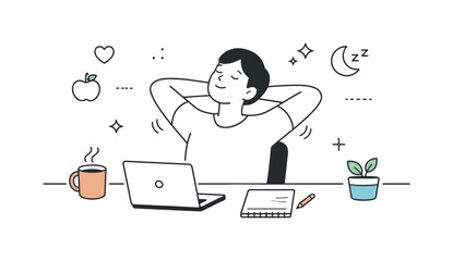 Health without fitness culture. Desk scene with a person pausing work to relax shoulders and neck. Listening to body signals and allowing