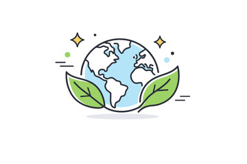 Earth-friendly icon. A stylized globe with leaves surrounding it, abstract stars and dots floating around, emphasizing