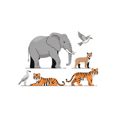 Minimalistic Wildlife Vector Illustration, Elephant, Tiger, and Bird, Flat Design, Modern Friendly Style