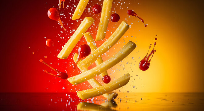 Flying French fries with ketchup and red peppers in a dynamic, colorful explosion.