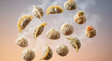 Obraz premium Assorted dumplings floating with steam in a gradient background, showcasing various shapes and fillings.
