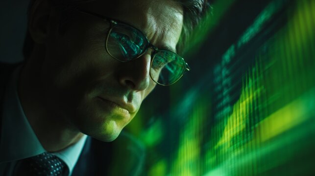 The cutting edge of commerce: ai and the art of big data processing. Editorial style. A businessman delves into the world of ai-enhanced data on a virtual screen. Color background. Luxury style.
