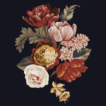 Dark academia floral print for graphic design. Natural flower art.
Print template. Vector fabric print. Modern vector illustration.
Trendy vector floral print.
