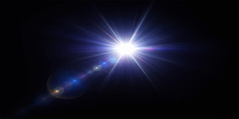 Obraz premium An abstract blue space background features glowing stars and laser light flares with a bright energy burst design for a shiny disco party animation