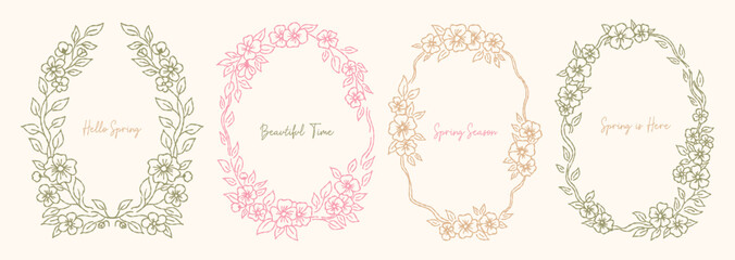 Hand drawn vintage flowers frames with coquette lines. Spring vector holiday borders for poster, card, invitation.