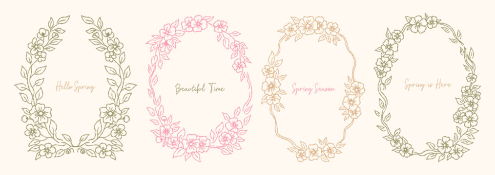 Hand drawn vintage flowers frames with coquette lines. Spring vector holiday borders for poster, card, invitation.