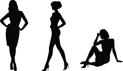 Elegant female silhouette collection in stylish poses isolated on white background, standing and sitting women figures, black vector fashion illustration set