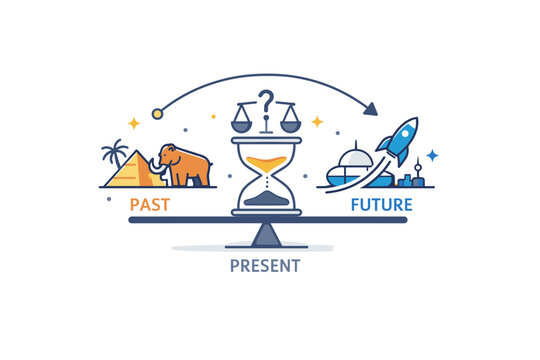 Time travel concept minimal symbols of past, present, and future arranged in balance, communicating speculation, ethics, and scientific implications of