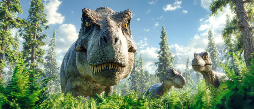 Tyrannosaurus rex, Allosaurus, and Troodon seen in different sections, grazing in a vibrant forest filled with tall trees and ferns under a bright sky
