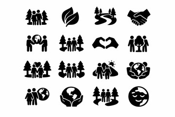 Obraz premium Nature Togetherness. Solid icon set of Nature Togetherness: couple in forest, harmony leaf, peaceful path, hand connection, eco bonding icon, shared trail,