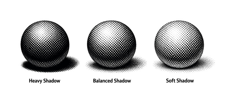 Three spheres with different dot shading techniques demonstrating heavy, balanced, and soft shadows