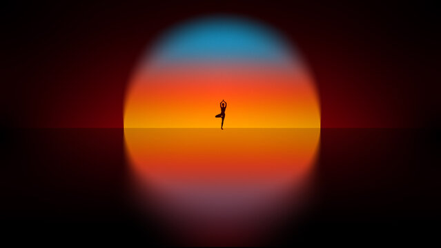 Vibrant poster. Silhouette in tree pose against glowing sunset circle. Concept of strength and flexibility, balance training, mindfulness discipline and holistic lifestyle inspiration.