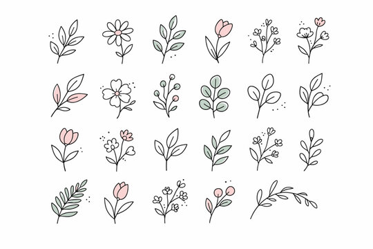 Editorial botanical line set. Collection of minimal leaves, flowers, and stems drawn as simple linear icons and accents. Versatile calm style