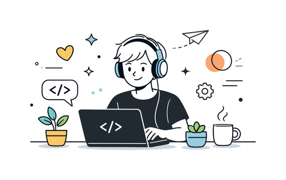 Cozy Coding Space. Remote coding corner. Developer working on a laptop with headphones on, small plants and soft decorative shapes floating around to convey