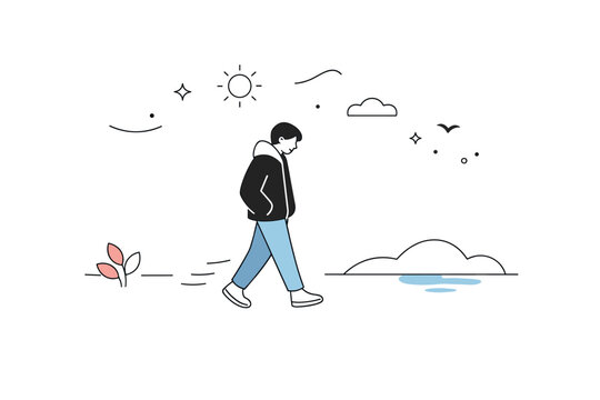 Quiet social isolation moments. Individual walking alone through an open space, slow pace and introspective mood. Peaceful solitude with gentle motion lines