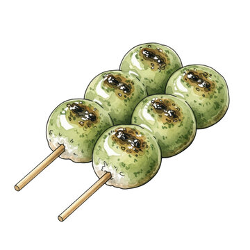 hand-drawn watercolor still life showing grilled moss-green yomogi dango on pale wooden skewers, featuring delicate washes and fine ink lines against a white background, traditional japanese cuisine