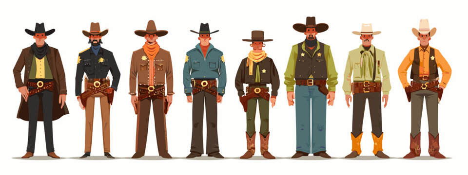 set of wild west style sheriffs vintage mens fashion flat style vector illustration isolated on white background