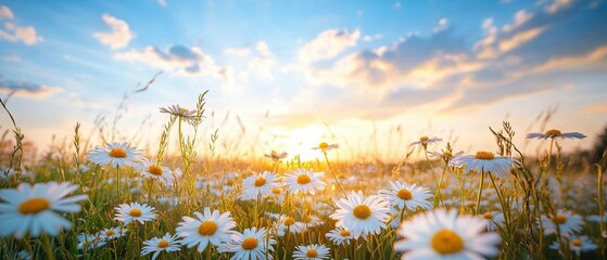 Naklejka premium Panoramic natural landscape: summer meadow with daisies against blue sky with clouds at sunset