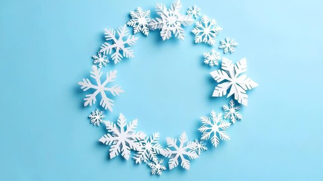 Round frame of white paper snowflakes on a light blue background