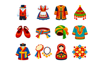 Fototapeta premium Traditional Costume Icons. Traditional costumes. Colorful flat vector icons set of traditional costumes: cultural outfit, embroidered robe, folk dress,