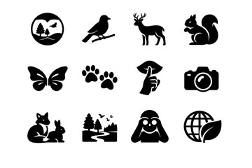 Obraz premium Wildlife Observation. Solid icon set of Wildlife Observation: binoculars view, bird silhouette, deer outline, squirrel icon, butterfly wings, animal paw