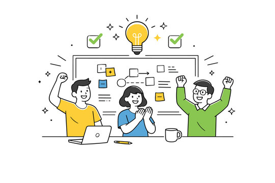 Early-stage startup brainstorming. Team celebrating a breakthrough idea with subtle spark icons and checkmarks above a board. Optimism,