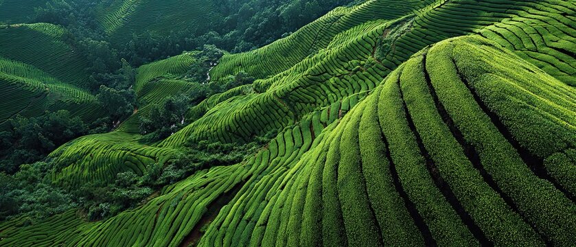 Spring tea plantations. Tea plantations. Top view. Real photo. Close-up