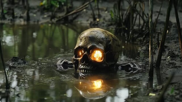 Skeletal figure rises from swamp waters with glowing eyes in dark setting