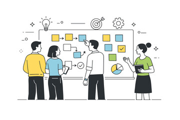 Office teamwork collaboration. A group stands around a large screen with sticky notes and icons arranged neatly. Collective brainstorming and idea