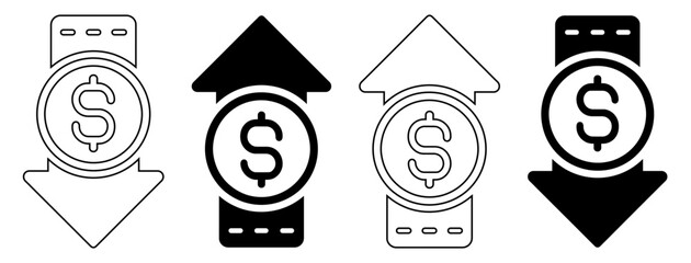 Financial Market Trends Icon Set with Dollar Coin and Up Down Growth Arrows