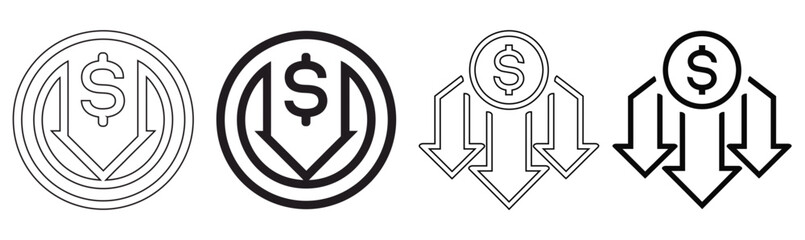 Dollar Value Decrease and Financial Crisis Vector Icon Set