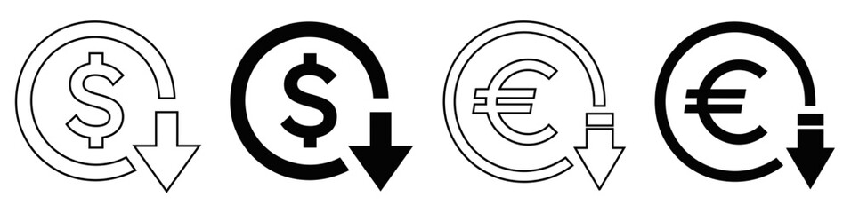 Financial Crisis and Currency Devaluation Vector Icon Set with Dollar and Euro Symbols
