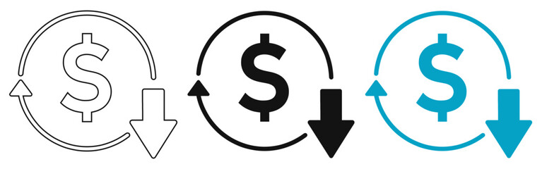 Obraz premium Dollar Currency Exchange Icon with Downward Arrow Financial Devaluation and Market Crash Vector