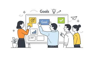 Professional goal setting. A small team aligning goal cards on a board, calm collaboration and shared vision for success. Minimalist flat vector illustration,