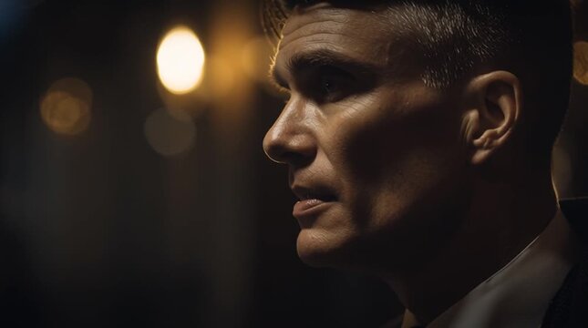 Intense Reflection: A man with a sharp gaze and a contemplative expression, bathed in the soft glow of warm light, embodies deep thought and introspection.