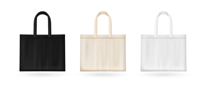 Tote cloth bags mockups in various colors. Vector set of realistic canvas eco shoppers. Blank fabric cotton or linen reusable grocery handbags. Eco friendly modern carryalls for shopping