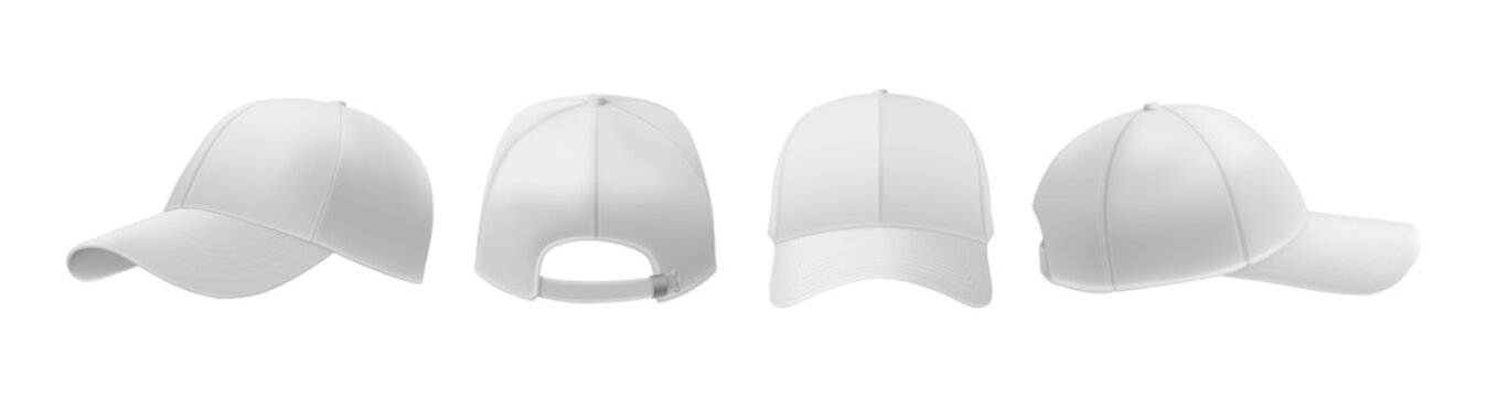 Baseball hat, isolated clothing accessory for men and women outfit. Vector realistic fashionable casual cap for summer and outdoor activity. Sportswear headwear in different point of views
