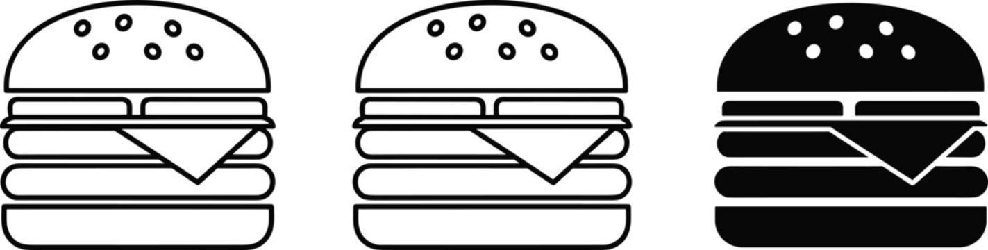 Hamburger Icon Set Featuring Stylized Outline and Solid Silhouette Designs Depicting Burger with Bun, Patties, Cheese, and Layers for Graphic Use