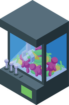 Claw crane arcade game trying to grab a purple plush toy, isometric view