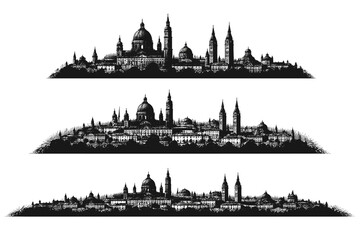 Fototapeta premium City skyline silhouette historic city. A historic city skyline with domes, towers, spires, and varied classical building masses combined into